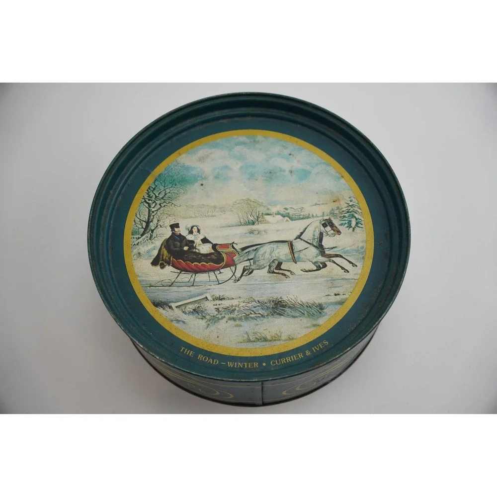 Vtg Currier & Ives Tin The Road Winter Horse Drawn Sleigh Snow Christmas